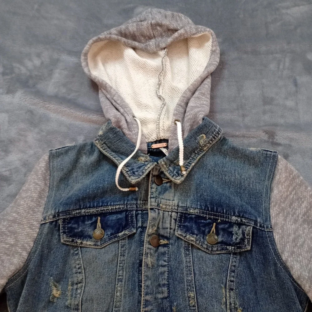 Free People Denim Jacket Women's Small Hooded Trucker Knit Hybrid Distressed - Picture 3 of 16